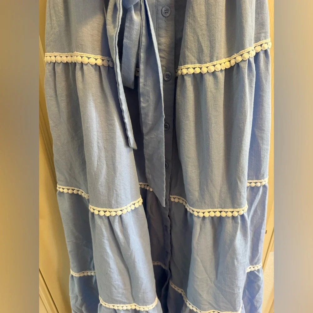 Blue Tiered Maxi Shirt Dress with Tie Waist - Picture 2 of 5